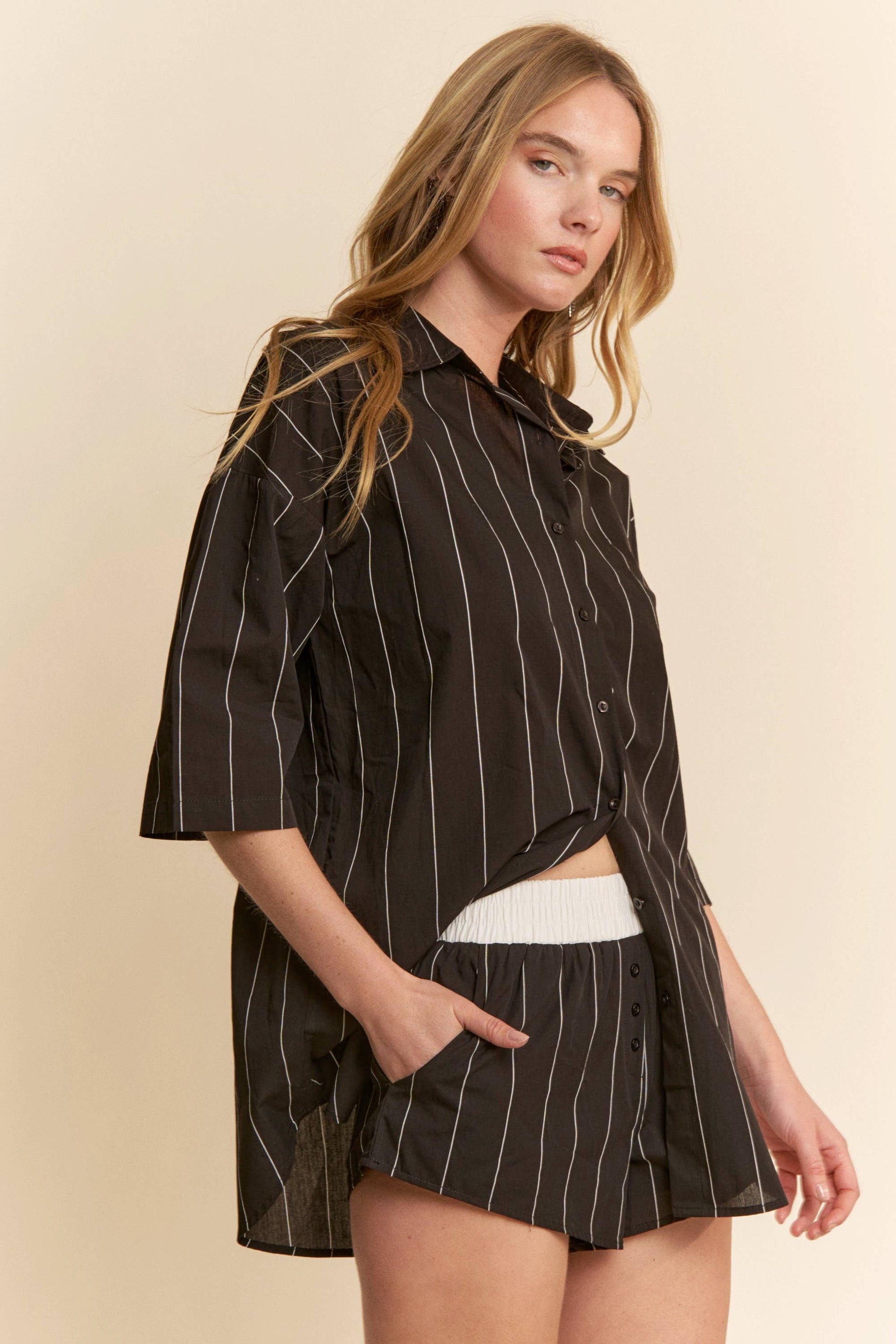 Striped Button Down Shirt w/ Matching Shorts Set - BAY WINDOW