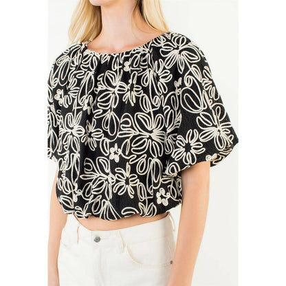 Puff Sleeve Floral Embroidery Detail Top