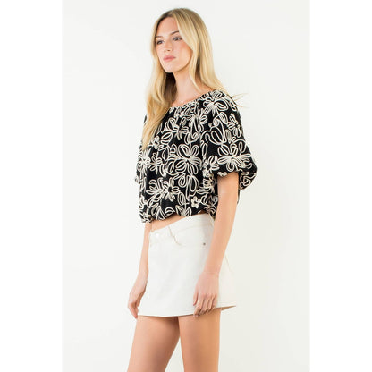 Puff Sleeve Floral Embroidery Detail Top