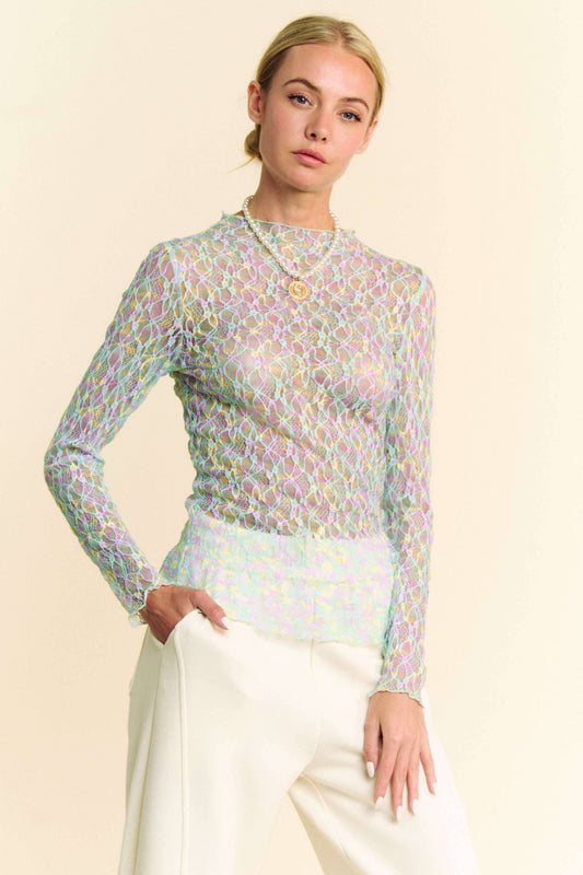 Multi Printed Loose Turtleneck Lace Mesh Top - BAY WINDOW