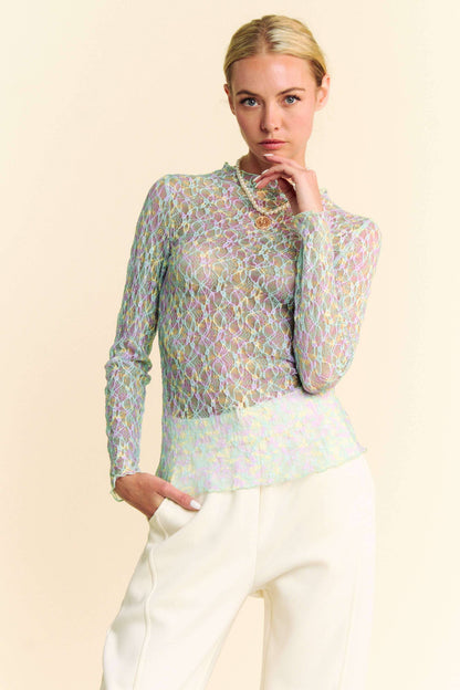 Multi Printed Loose Turtleneck Lace Mesh Top - BAY WINDOW