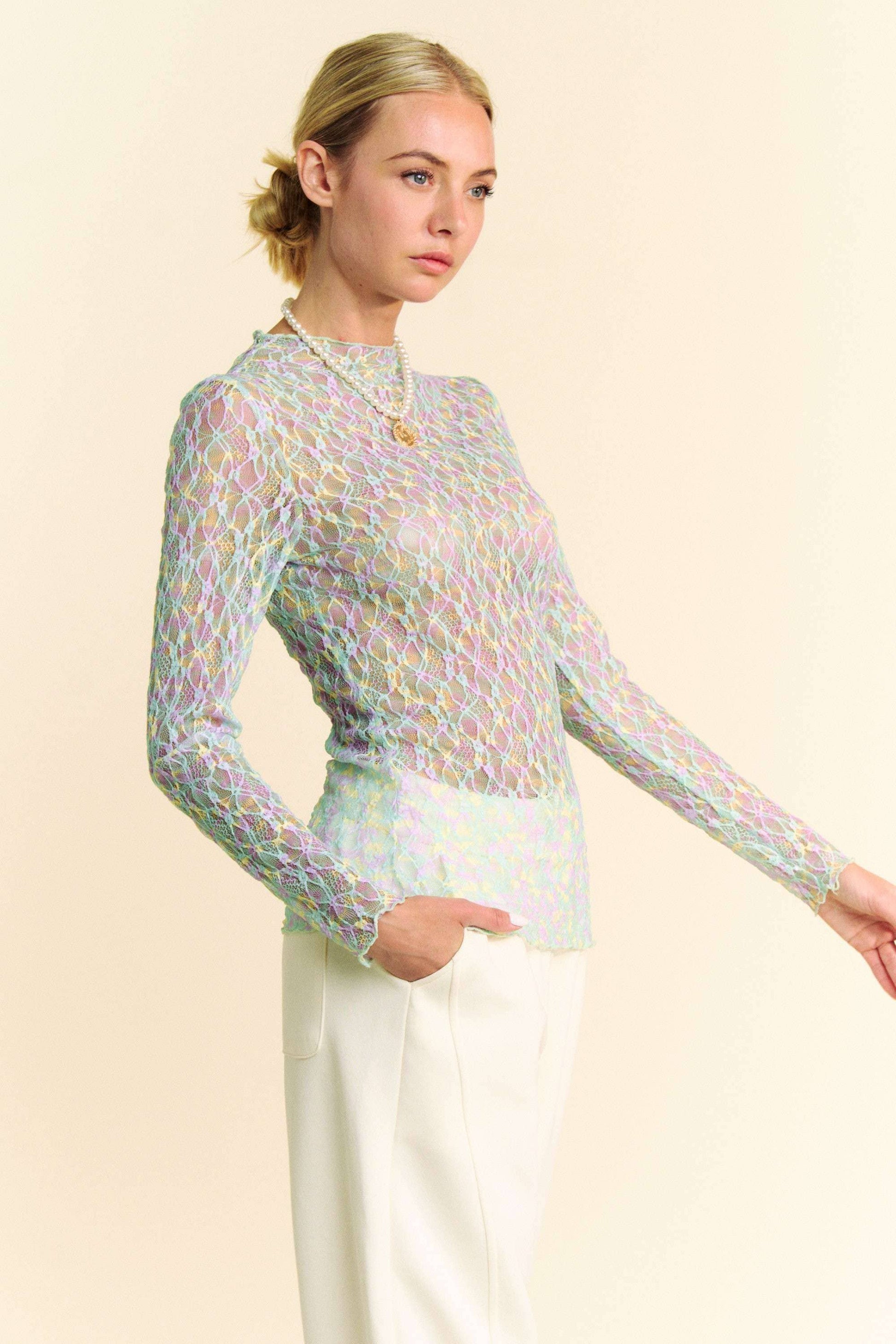 Multi Printed Loose Turtleneck Lace Mesh Top - BAY WINDOW