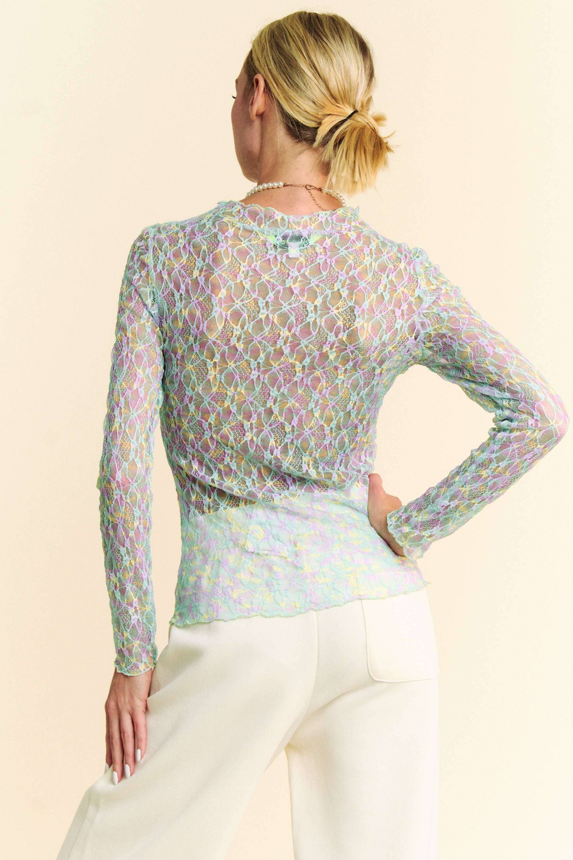Multi Printed Loose Turtleneck Lace Mesh Top - BAY WINDOW