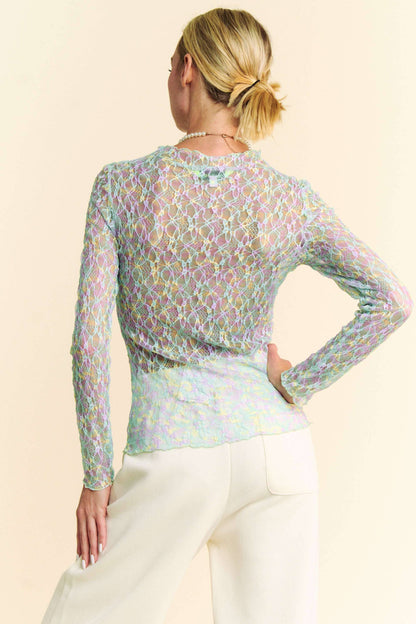 Multi Printed Loose Turtleneck Lace Mesh Top - BAY WINDOW