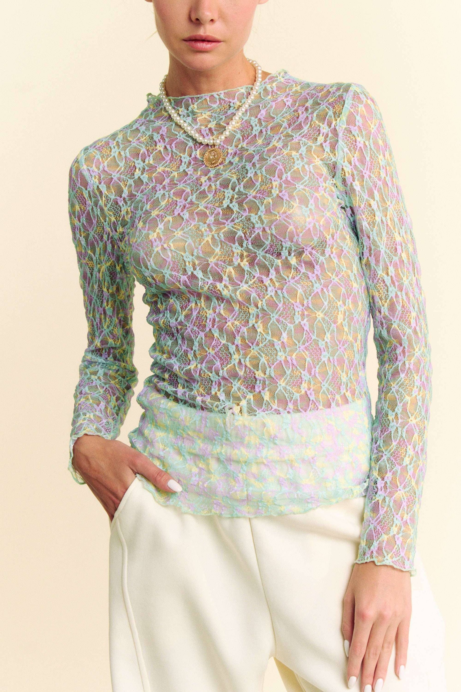 Multi Printed Loose Turtleneck Lace Mesh Top - BAY WINDOW