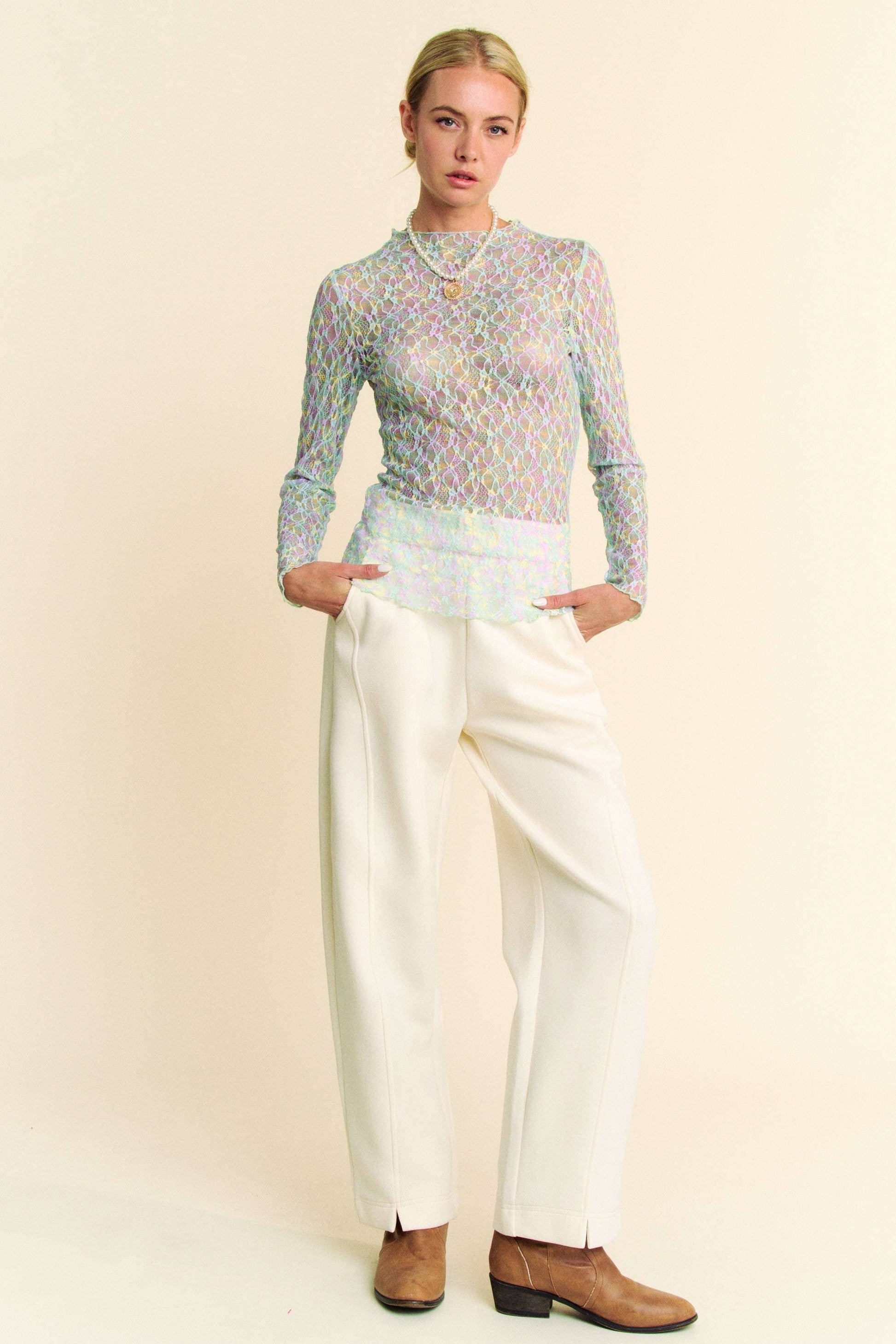 Multi Printed Loose Turtleneck Lace Mesh Top - BAY WINDOW