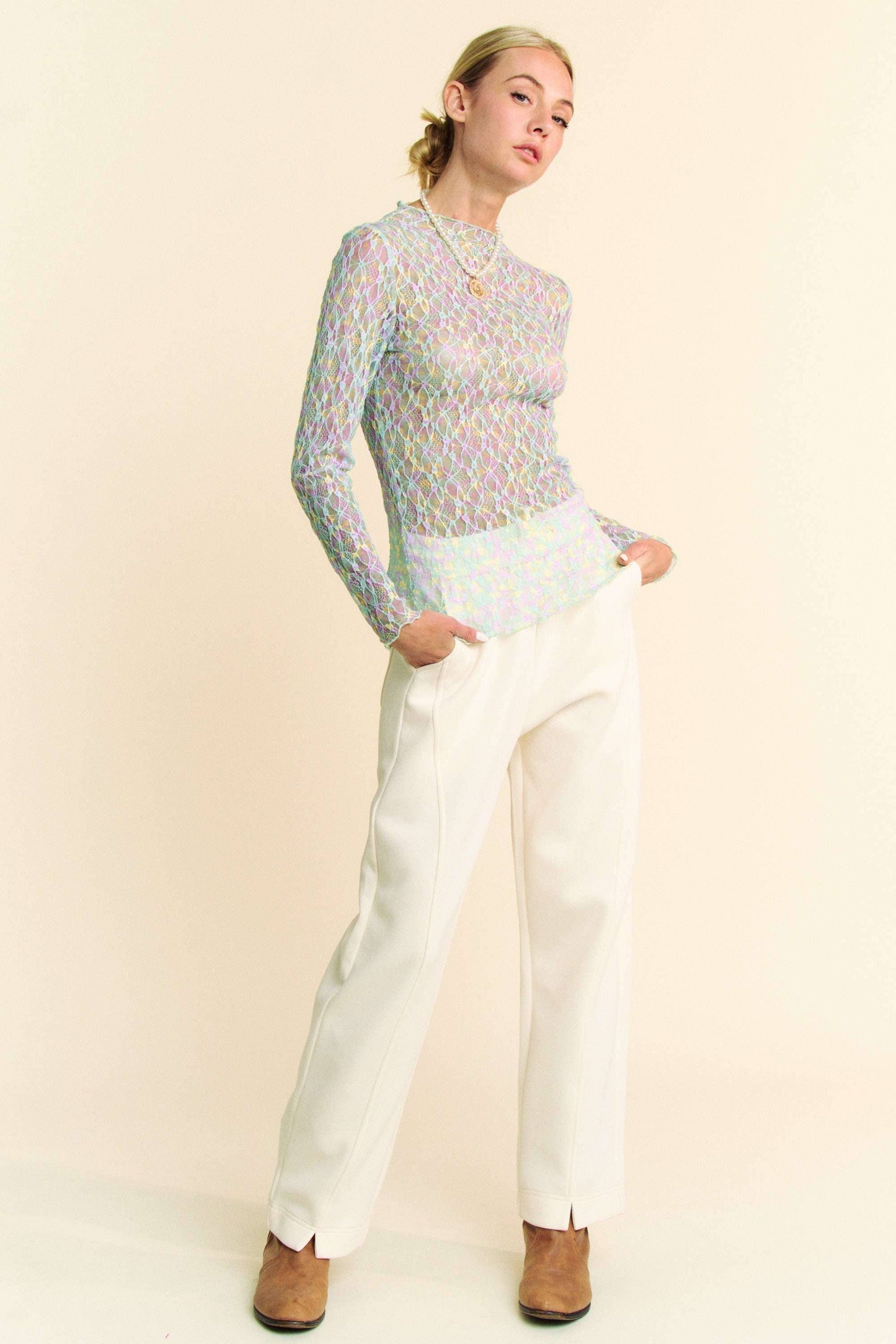 Multi Printed Loose Turtleneck Lace Mesh Top - BAY WINDOW