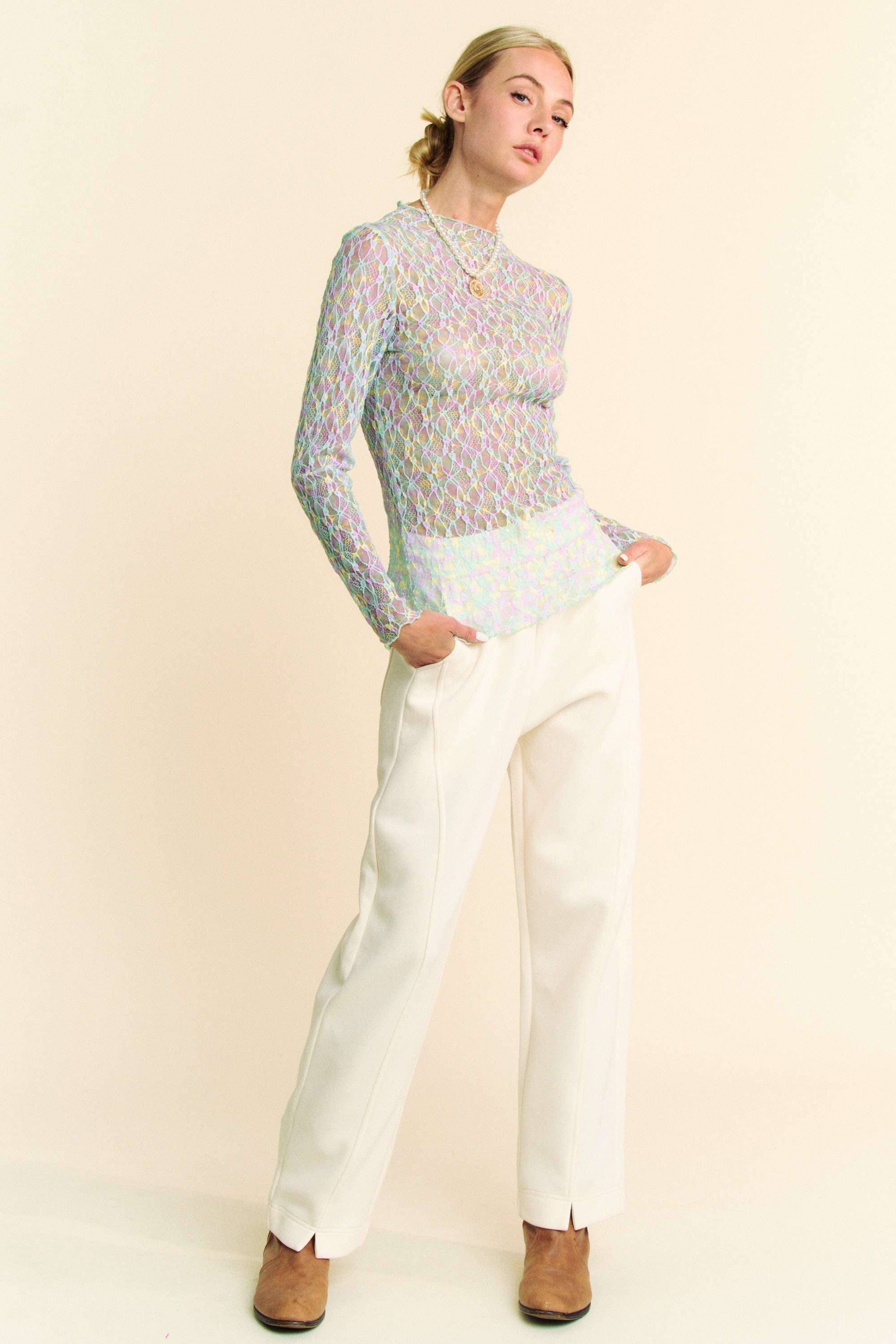 Multi Printed Loose Turtleneck Lace Mesh Top - BAY WINDOW