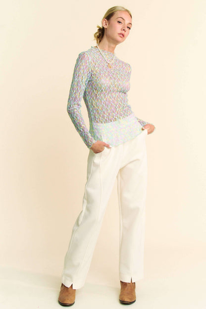 Multi Printed Loose Turtleneck Lace Mesh Top - BAY WINDOW