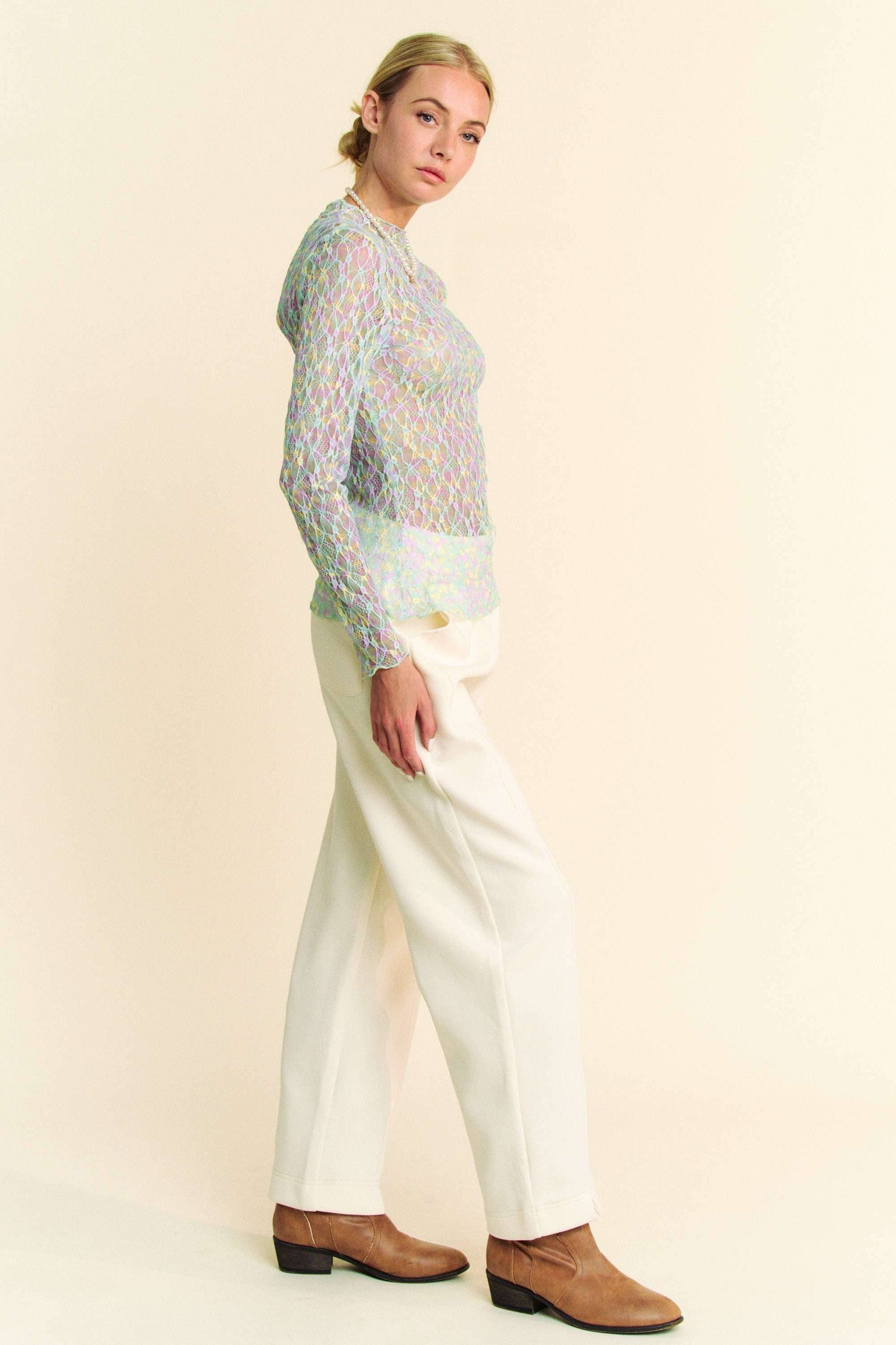 Multi Printed Loose Turtleneck Lace Mesh Top - BAY WINDOW