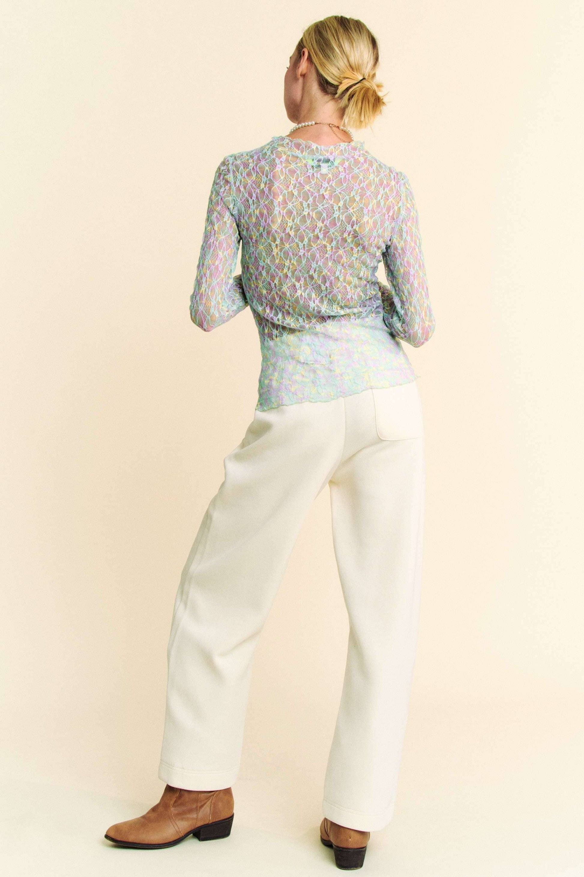 Multi Printed Loose Turtleneck Lace Mesh Top - BAY WINDOW