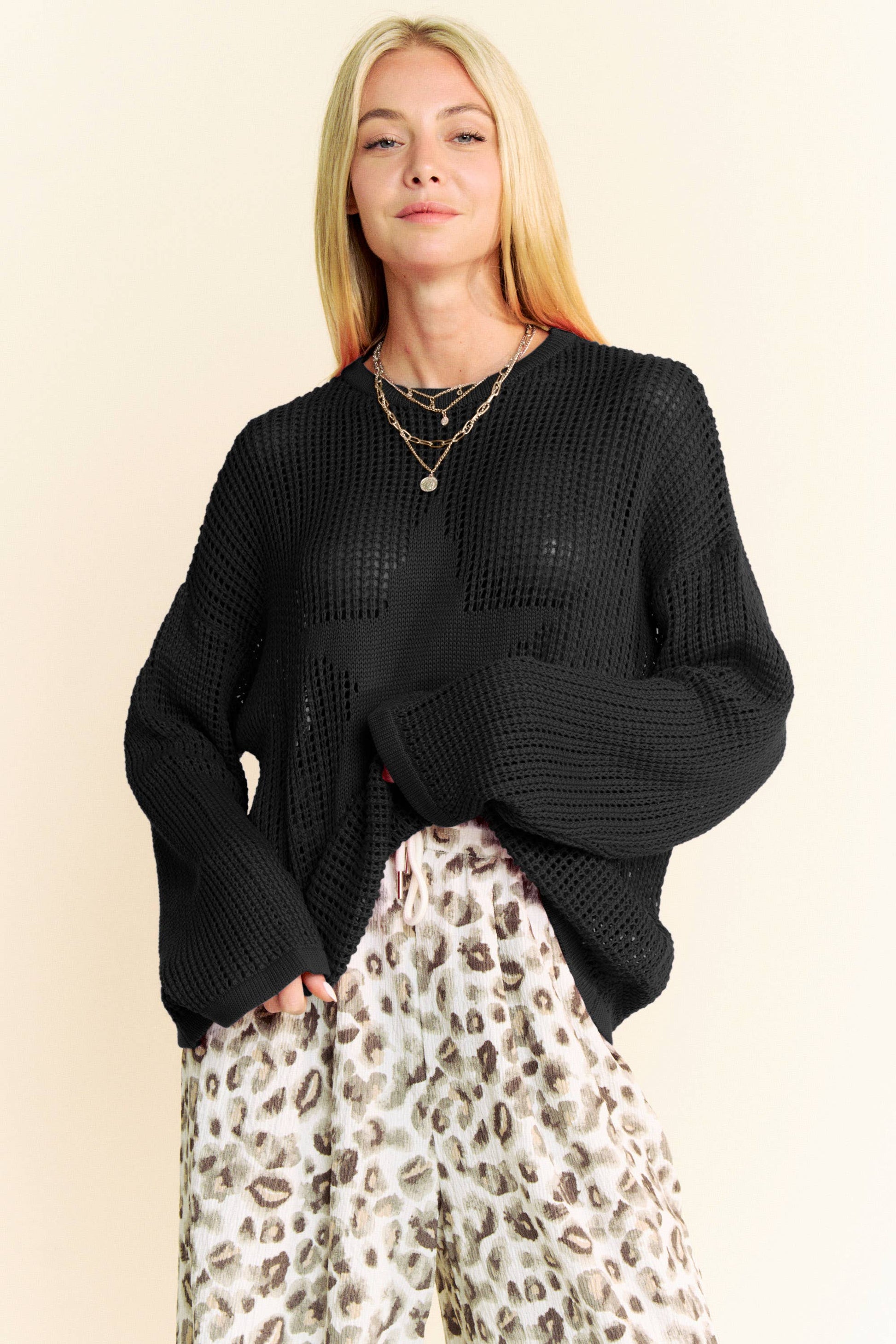 Star Front Light Weight Open Knit Pullover Sweater - BAY WINDOW