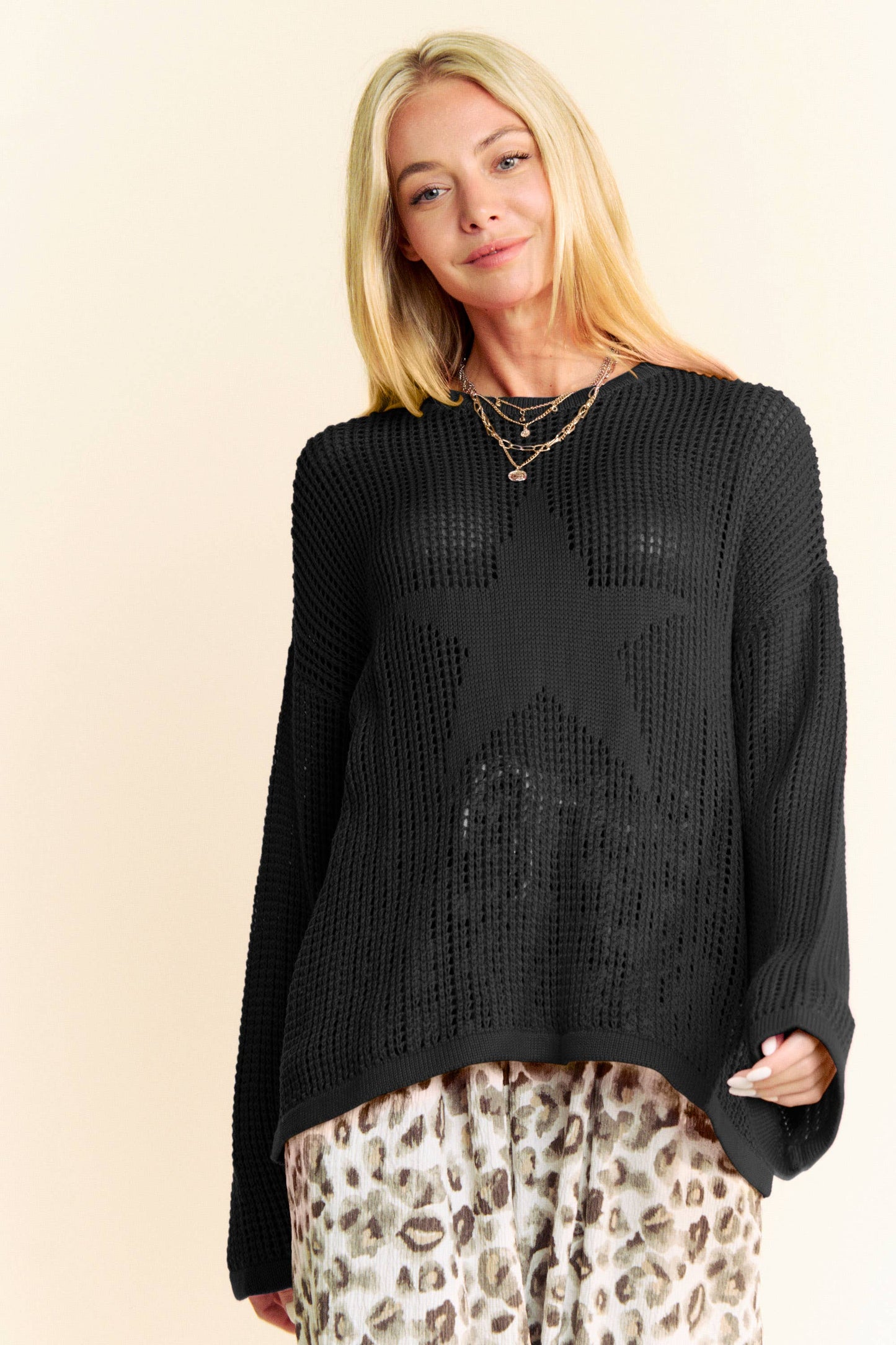 Star Front Light Weight Open Knit Pullover Sweater - BAY WINDOW
