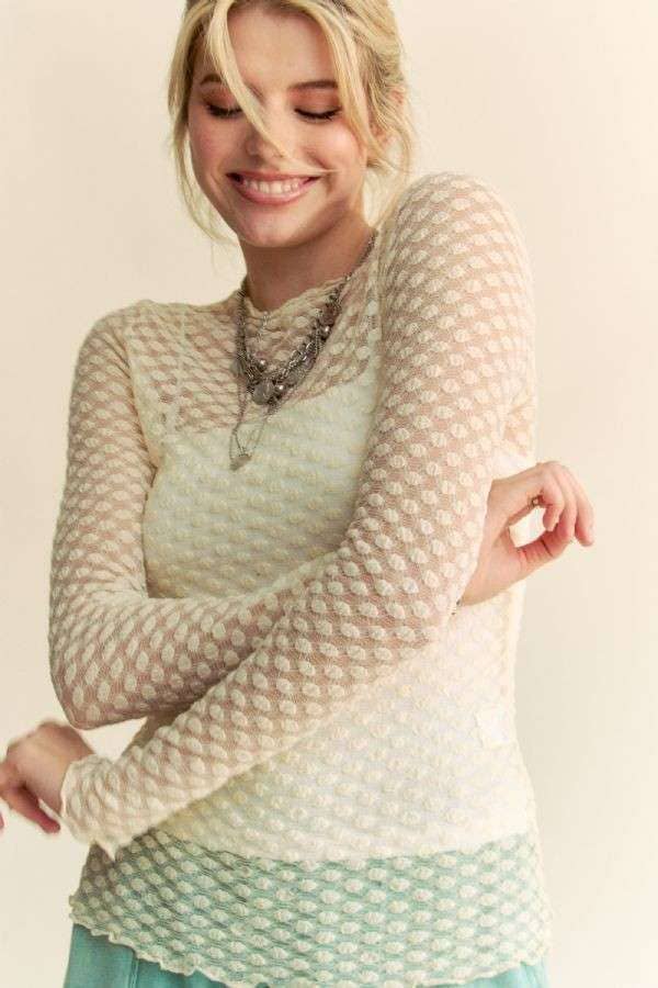 Long Sleeve Dot Crispin Lace Layering Mesh Top - BAY WINDOW