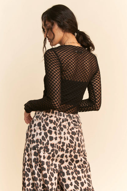 Long Sleeve Dot Crispin Lace Layering Mesh Top - BAY WINDOW