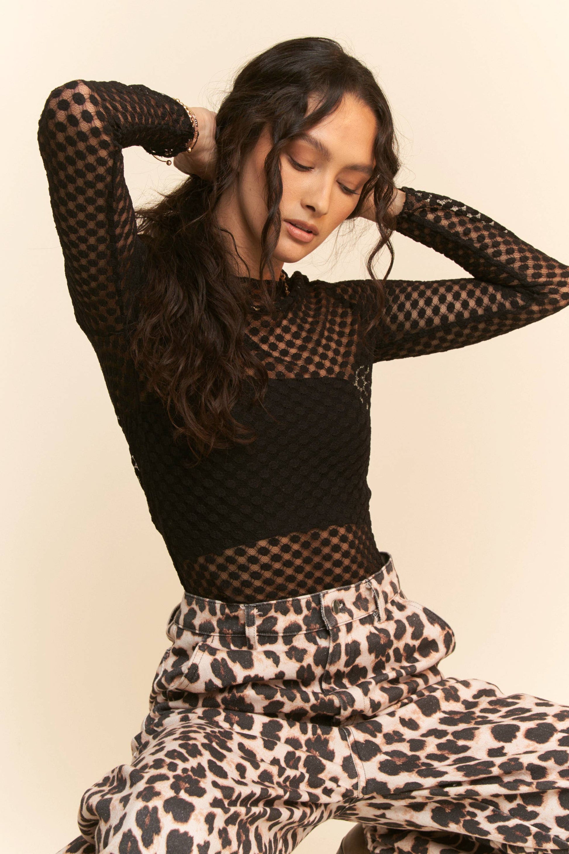 Long Sleeve Dot Crispin Lace Layering Mesh Top - BAY WINDOW