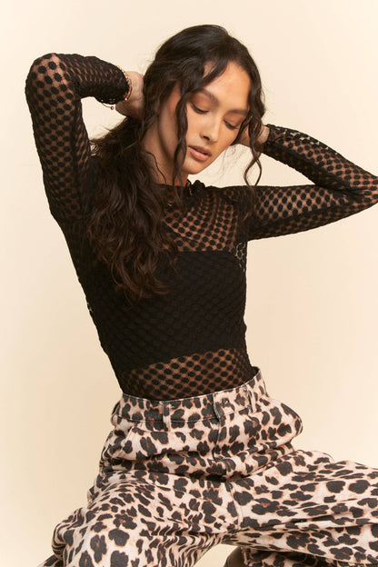 Long Sleeve Dot Crispin Lace Layering Mesh Top - BAY WINDOW