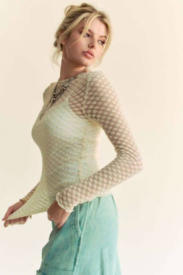 Long Sleeve Dot Crispin Lace Layering Mesh Top - BAY WINDOW