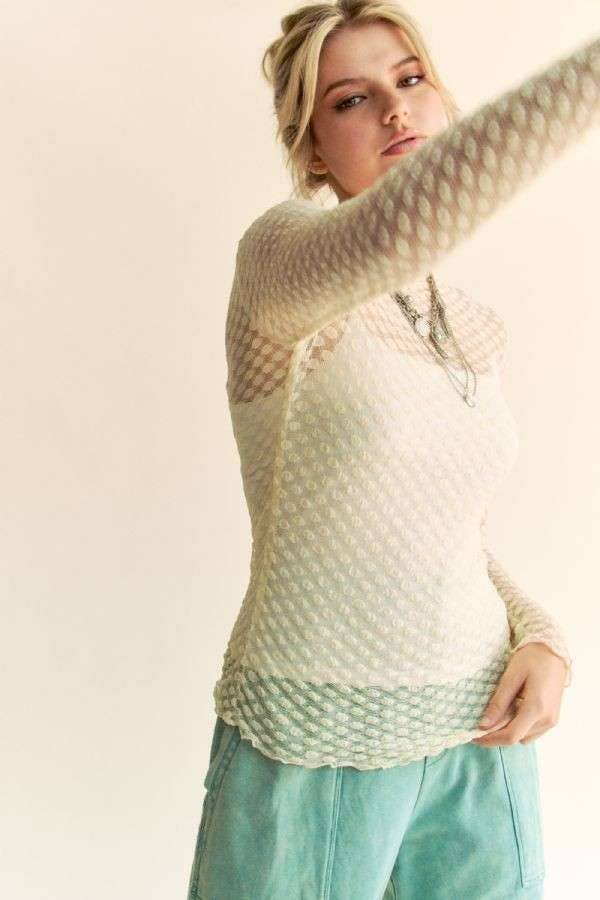 Long Sleeve Dot Crispin Lace Layering Mesh Top - BAY WINDOW