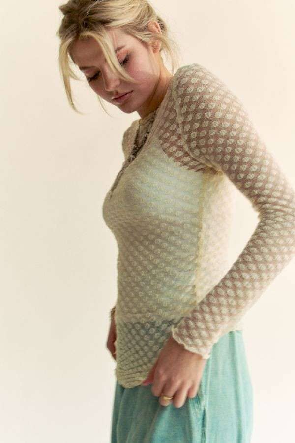 Long Sleeve Dot Crispin Lace Layering Mesh Top - BAY WINDOW