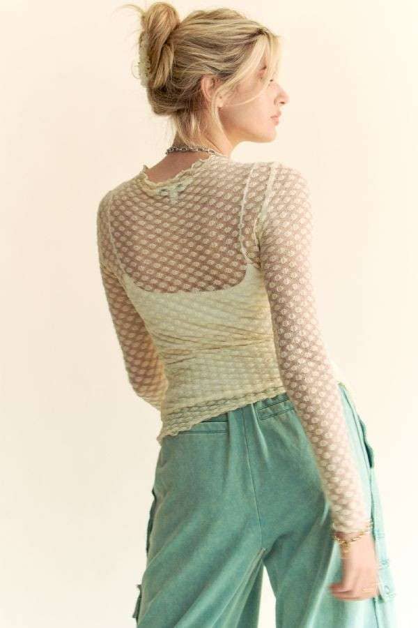 Long Sleeve Dot Crispin Lace Layering Mesh Top - BAY WINDOW