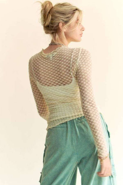Long Sleeve Dot Crispin Lace Layering Mesh Top - BAY WINDOW