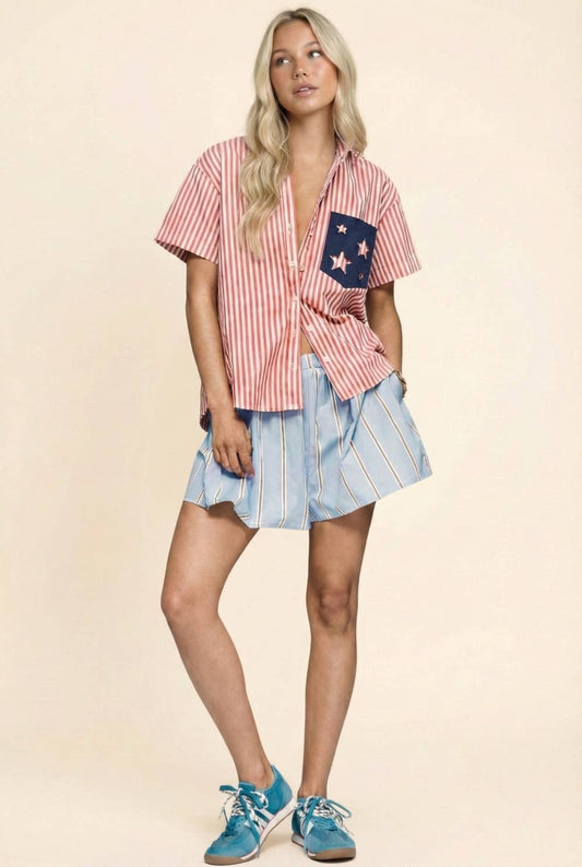 Patriotic Striped Short-Sleeve Shirt 4th of July