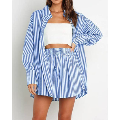 Striped Oversized Shirt and Drawstring Shorts Set