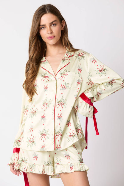 Ruffled Hem Shorts and Long Sleeve Top w/ Bow Cuffs - Set