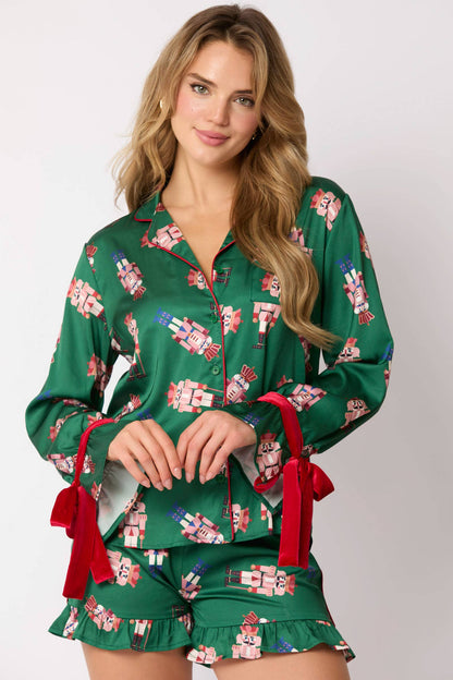 Ruffled Hem Shorts and Long Sleeve Top w/ Bow Cuffs - Set