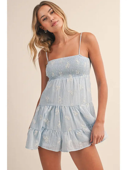 Embroidered Smocked Tiered Romper (Fully Lined) - Blue