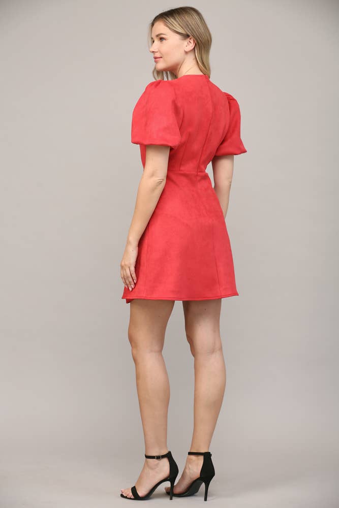 Ribbons Front Puff Sleeve Mini Dress