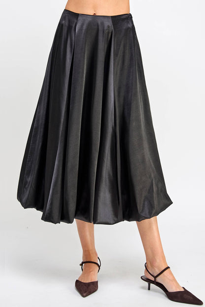 Satin Balloon Midi Skirt - Black