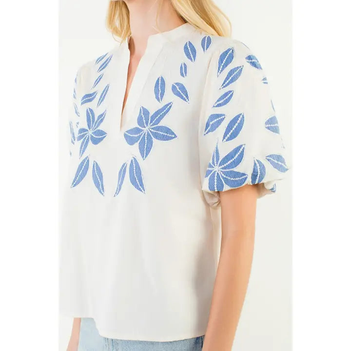 Puff Sleeve Floral Embroidery V-Neck Top - Cream