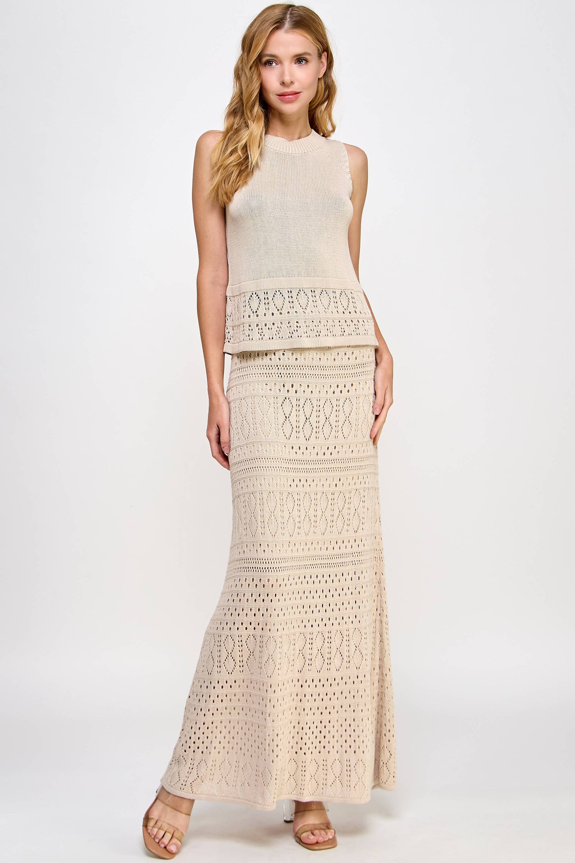 TS-10044-6 Knit Crochet Skirt Taupe - BAY WINDOW