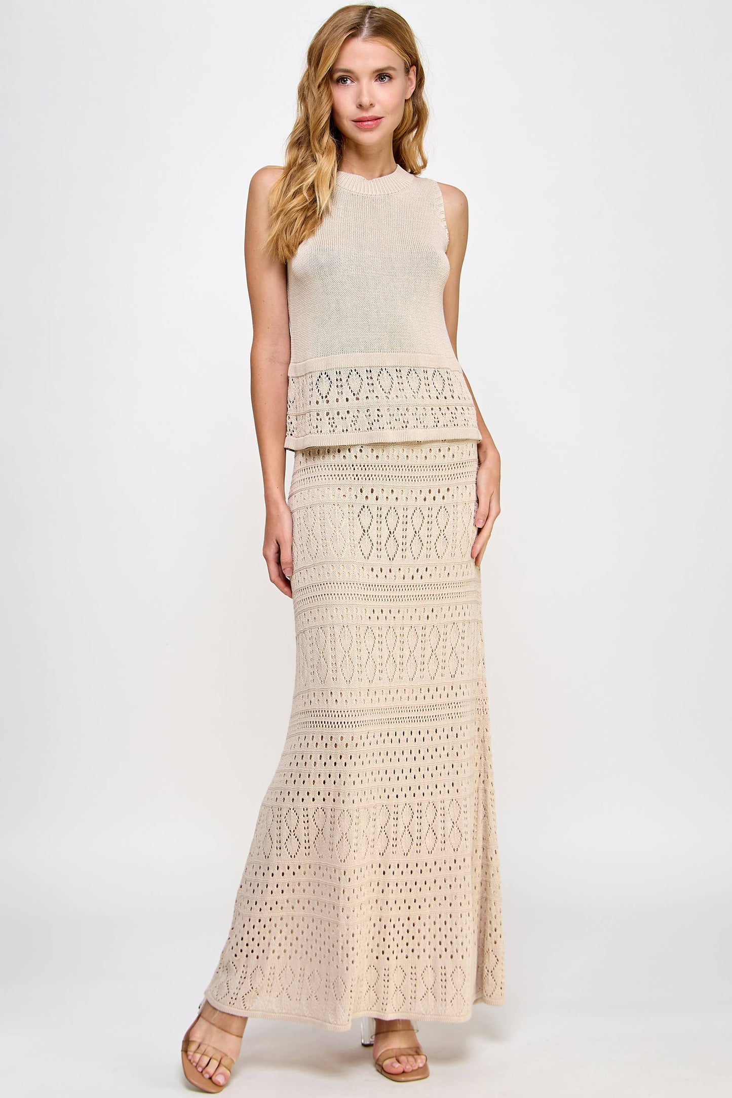 TS-10044-6 Knit Crochet Skirt Taupe - BAY WINDOW