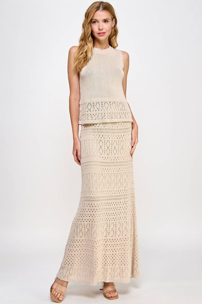 TS-10044-6 Knit Crochet Skirt Taupe - BAY WINDOW