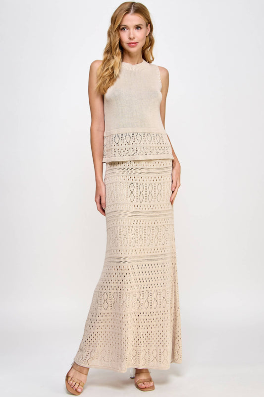 TS-10044-6 Knit Crochet Skirt Taupe - BAY WINDOW