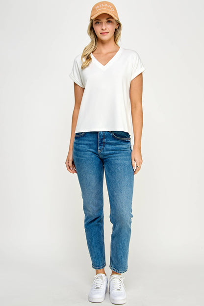 TT-9822-6 V NECK TEE OFF WHITE - BAY WINDOW