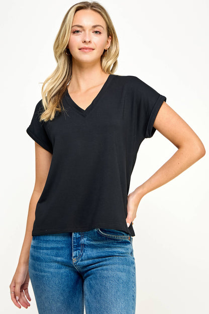 TT-9822-6 V NECK TEE BLACK - BAY WINDOW