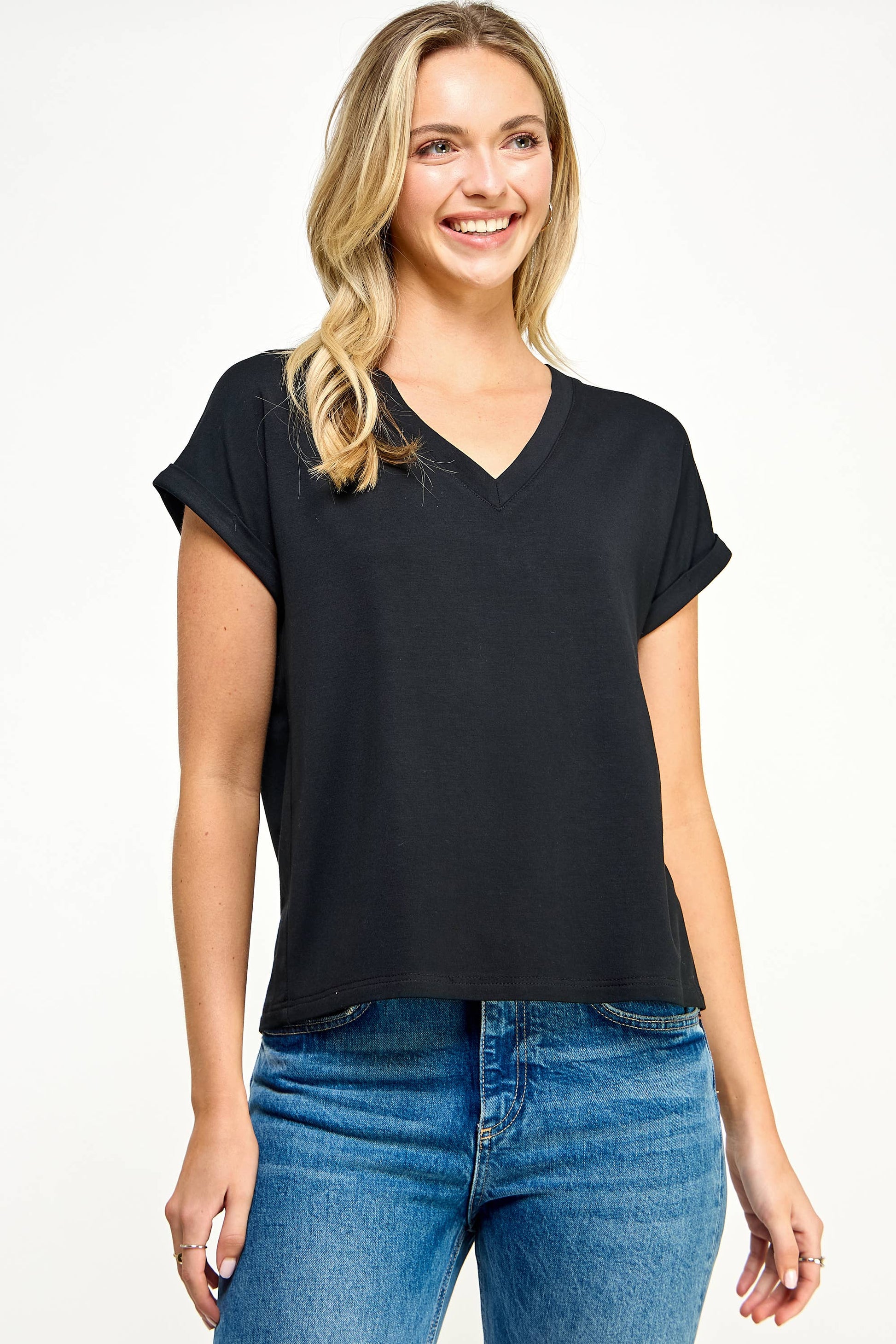 TT-9822-6 V NECK TEE BLACK - BAY WINDOW