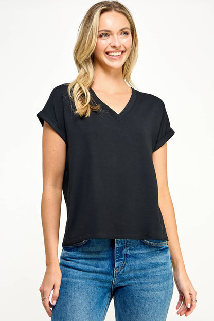 TT-9822-6 V NECK TEE BLACK - BAY WINDOW