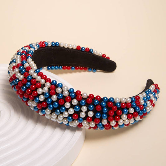 USA Flag Theme Pearl Beaded Padded Headband - BAY WINDOW