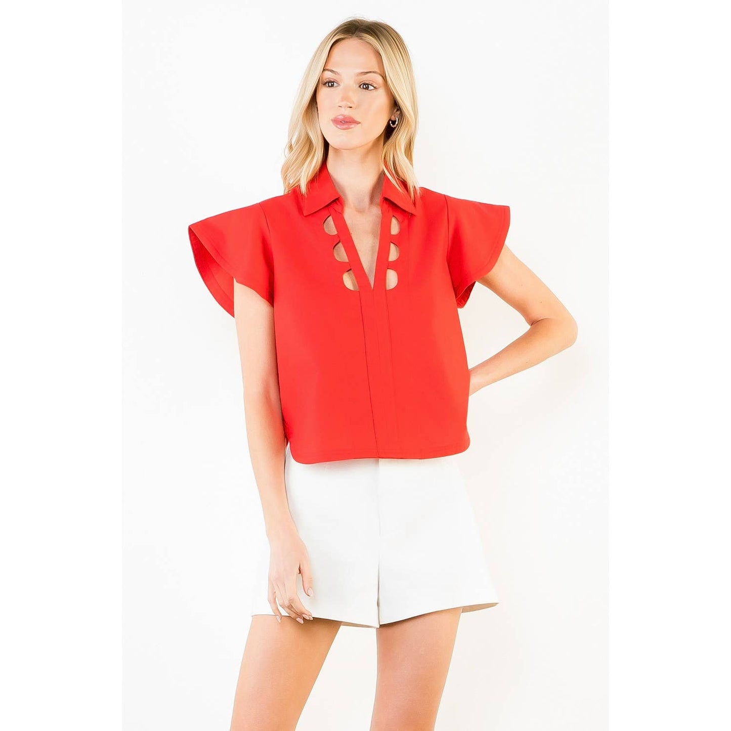 Short Sleeve Cut Out Detail Neckline Top