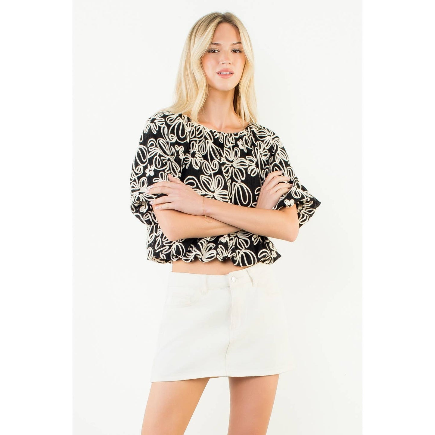 Puff Sleeve Floral Embroidery Detail Top