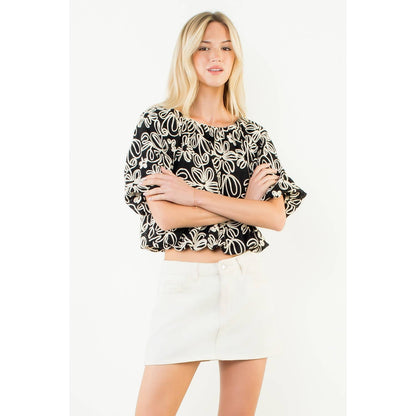 Puff Sleeve Floral Embroidery Detail Top