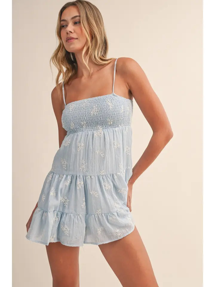 Embroidered Smocked Tiered Romper (Fully Lined) - Blue
