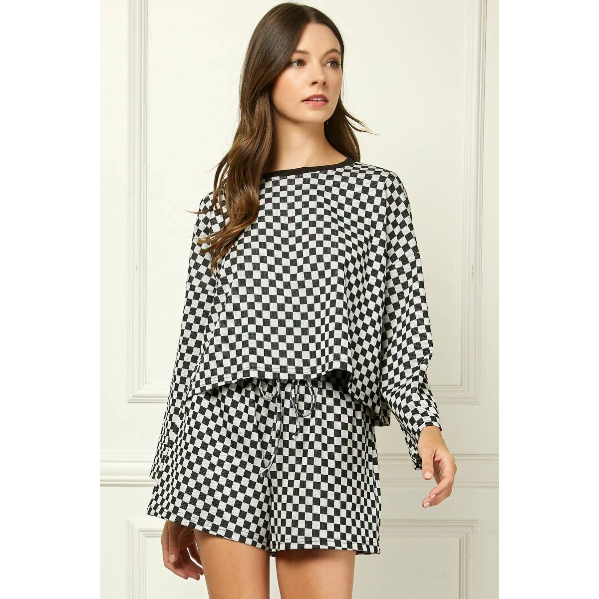 Checker Jersey Long Sleeve Top