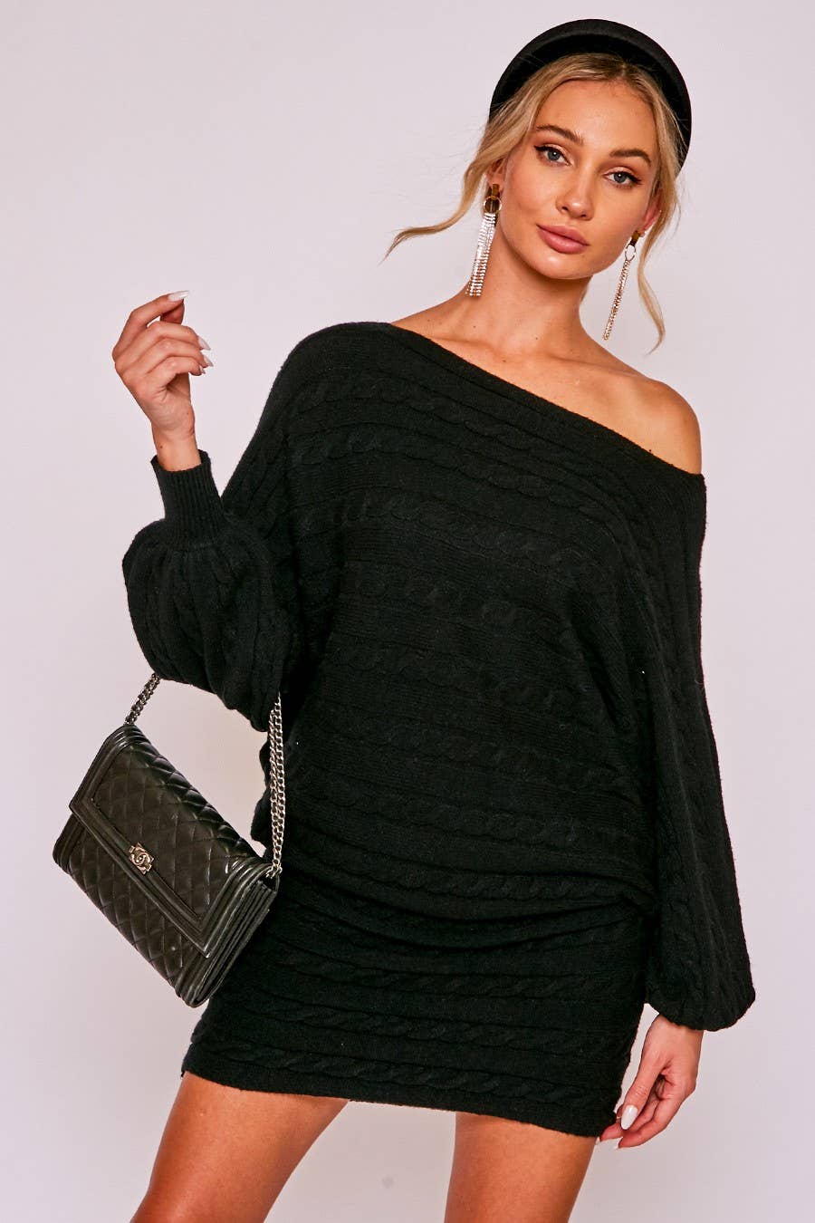 Dolman Knitted Sweater Horizontal Cable Detail Dress