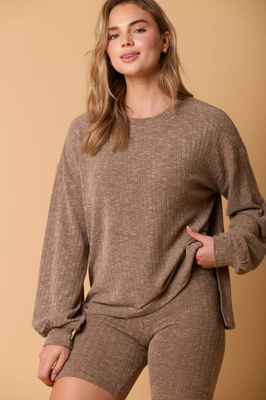 Rib Knit Loose Fit Ballon Sleeve Top - BAY WINDOW